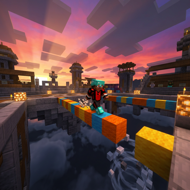 Minecraft player performing a Godbridge over the void